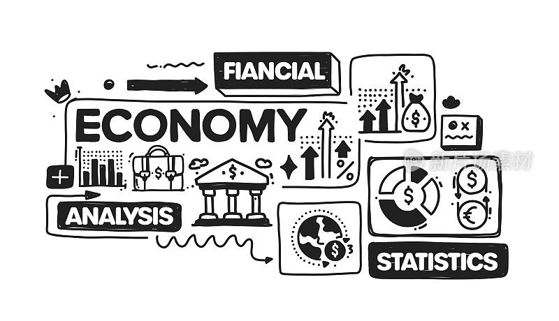 经济对象和元素。矢量涂鸦插图收集。手绘图标集或横幅模板