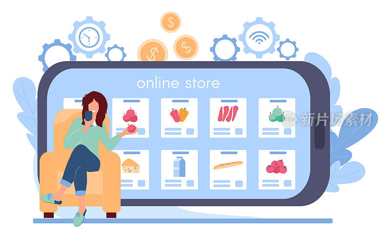 女孩在网上商店买杂货。一名女子正坐在椅子上，手里拿着一个苹果，面对着一部大型智能手机。网上购物通过智能手机应用，移动支付。