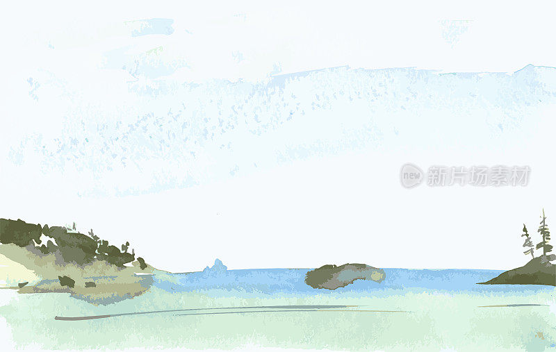 矢量水彩画的风景湖滨在雾蒙蒙的早晨