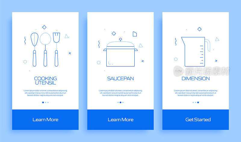在移动应用页面上使用扁平图标的烹饪概念。用户体验，UI设计模板矢量插图