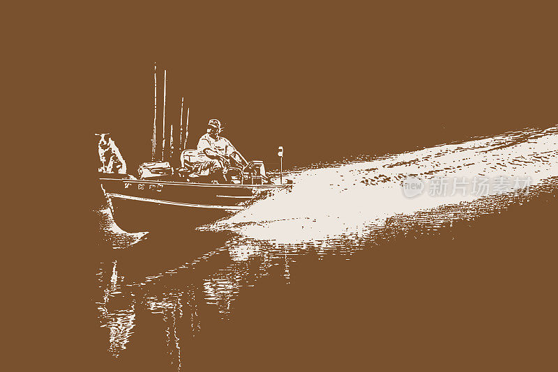 男人和他的狗在钓鲈鱼的船