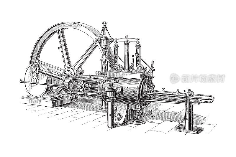 老式蒸汽机-老式雕刻插图