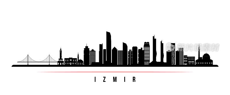 伊兹密尔地平线水平横幅。土耳其伊兹密尔的黑白剪影。矢量模板为您的设计。
