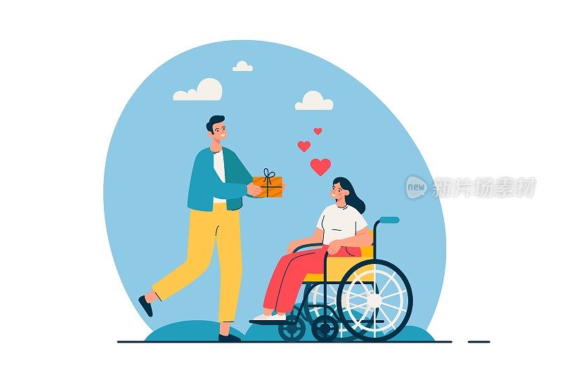 男人给一个坐轮椅的女人送礼物