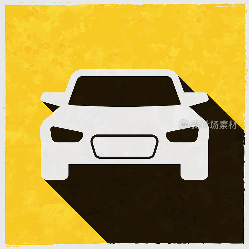 汽车前视图。图标与长阴影的纹理黄色背景