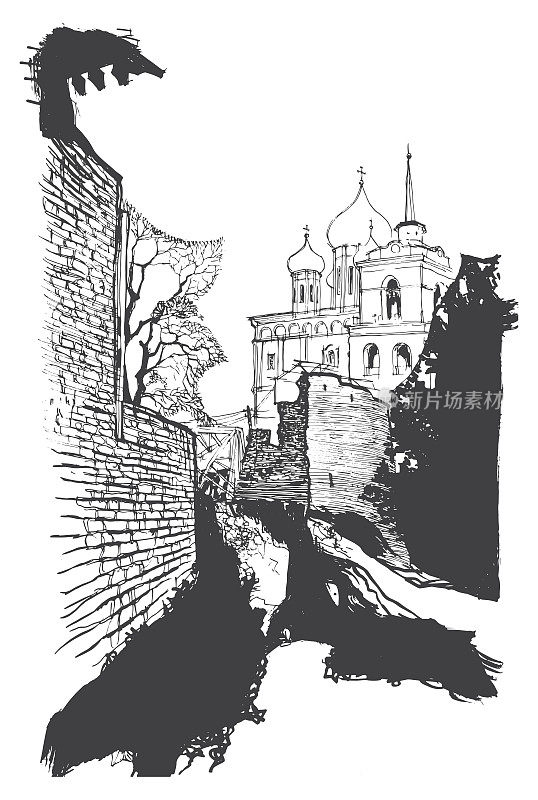 普斯科夫的古砖墙和克林姆林宫的三位一体大教堂的钟楼。矢量描墨水和钢笔素描