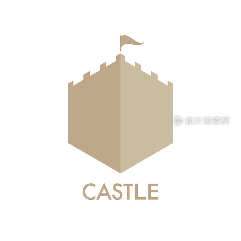 盾形城堡徽章。堡垒,瞭望塔。童话般的城堡。平面矢量插图孤立在白色上