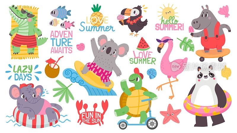 海滩上的卡通小动物暑期活动。考拉冲浪，火烈鸟和大象在充气环上游泳。热带政党向量集