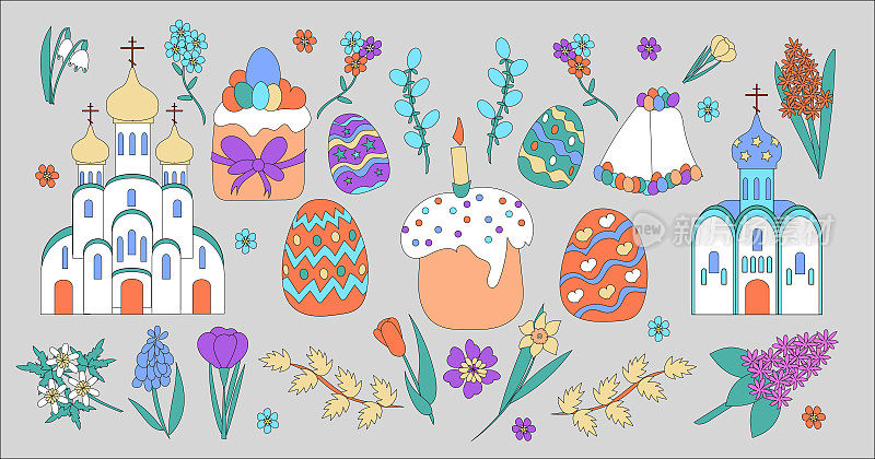 向量复活节集:基督教教堂，春天的花朵，帕斯卡，Kulich，彩色鸡蛋孤立在背景中。美丽的东正教复活节贺卡涂鸦风格。