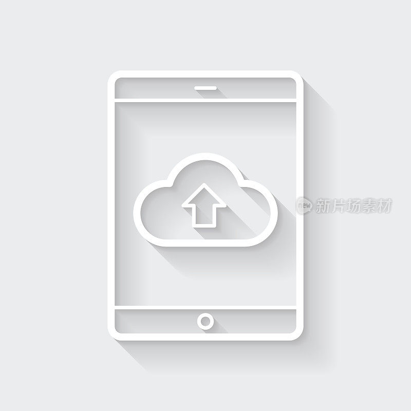 从平板电脑的云上传。图标与空白背景上的长阴影-平面设计