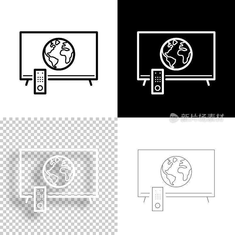 电视与地球。图标设计。空白，白色和黑色背景-线图标