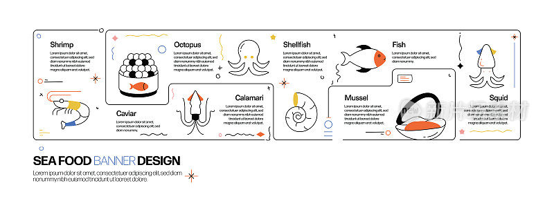 海鲜概念，线风格矢量插图