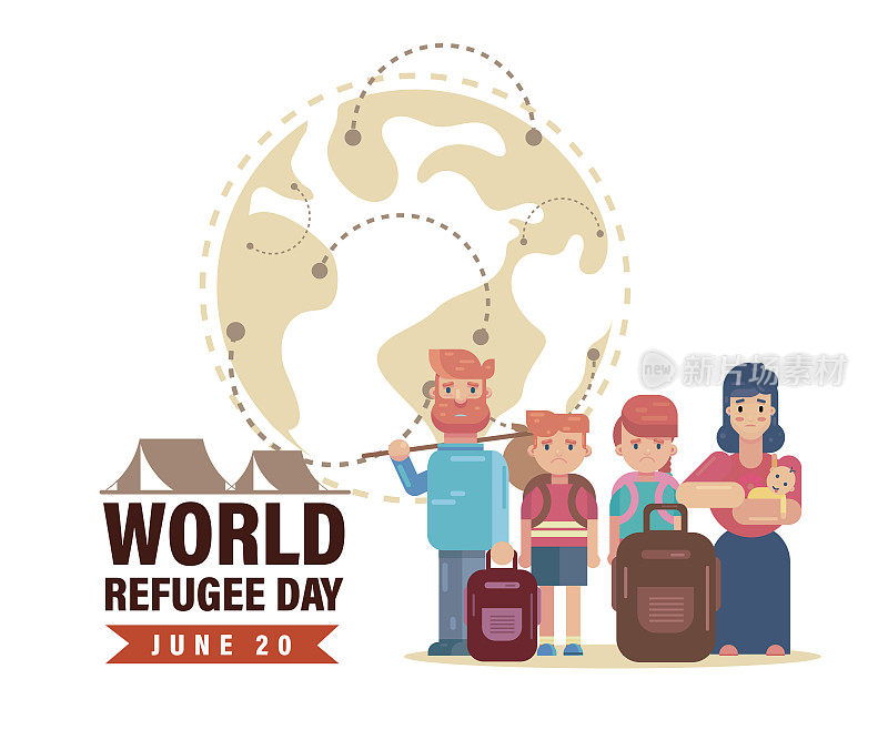 6月20日世界难民日，悲伤的家庭离开营地和全球战争危机海报横幅背景模板设计