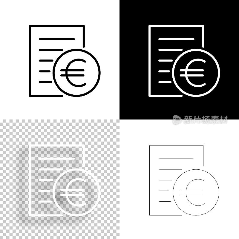 以欧元计价的账单或发票。图标设计。空白，白色和黑色背景-线图标