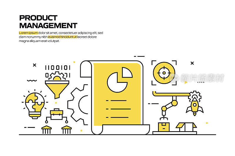 产品管理概念，线条风格矢量插图
