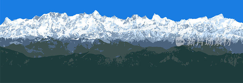 大喜马拉雅山脉，喜马拉雅山脉矢量插图，雪山白色和蓝色的山
