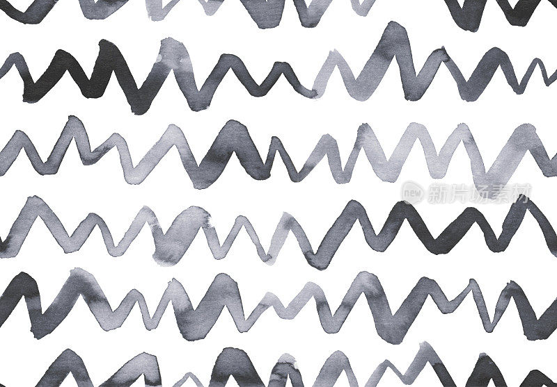 一组少数手绘黑色墨水水平曲折线-抽象形状与惊人的原始纹理-无缝插图在矢量与稀释的颜料洒在一张白纸上的可见痕迹
