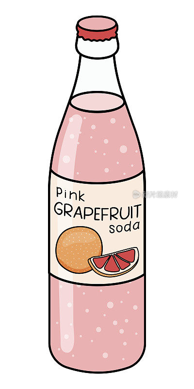 涂鸦卡通风格粉红葡萄柚汽水。百乐玛鸡尾酒主要成分，清爽软饮料。卡片，贴纸，海报，酒吧菜单或烹饪书食谱。