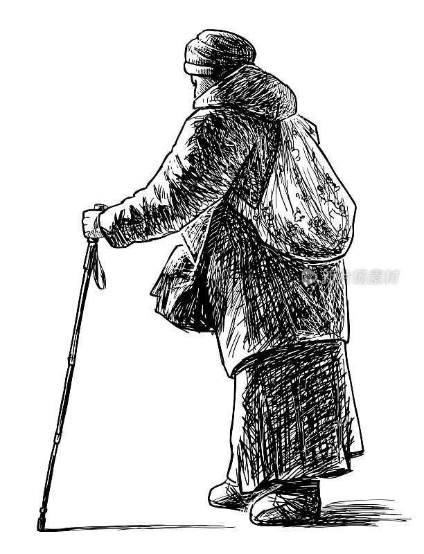 老妇人拄着拐杖沿街行走的素描