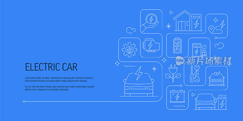 电动汽车相关矢量横幅设计概念，现代线条风格与图标