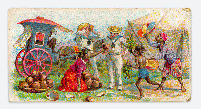 斯里兰卡人卖椰子给水手的新艺术插画