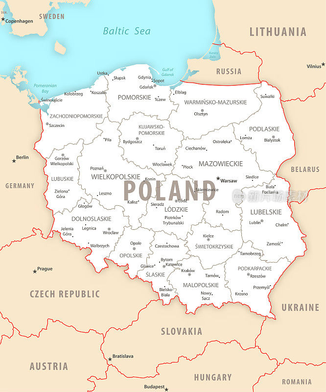 波兰详细地图，有地区和城市的国家。
