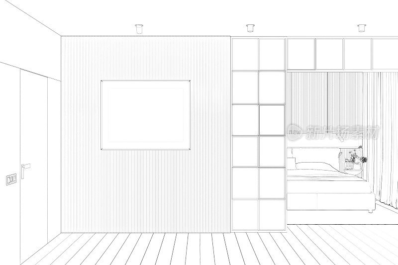 现代公寓的草图，一扇门和一个现代隔断之间的墙上贴着一张水平海报，一间卧室，背景是一张靠窗的床。前视图。