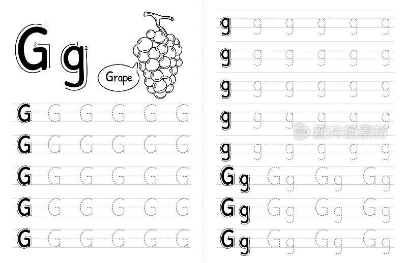 ABC字母追踪儿童书籍内部。孩子们写带有图片的作业纸。高级矢量元素字母G。