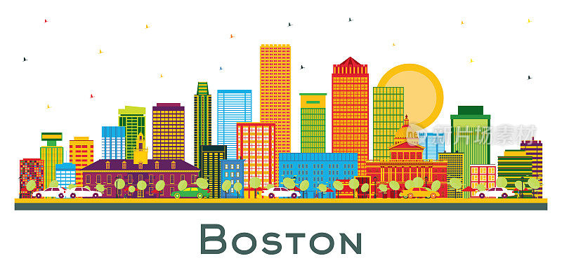 美国马萨诸塞州波士顿市天际线与彩色建筑和蓝天孤立在白色。