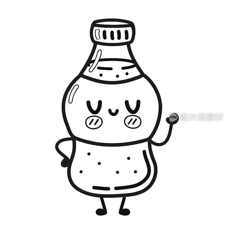 可爱有趣的瓶子冷饮苏打插图涂色书。矢量手绘卡通卡哇伊人物插图图标。孤立在白色背景。瓶装冷饮汽水的概念