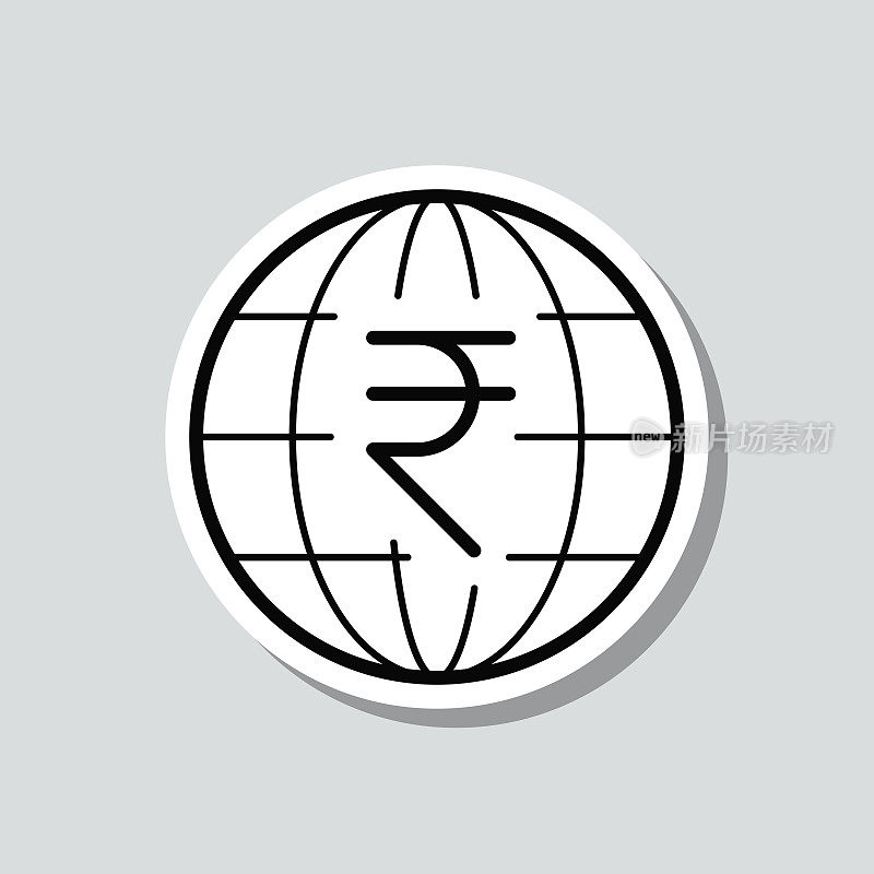 全球印度卢比。灰色背景上的图标贴纸