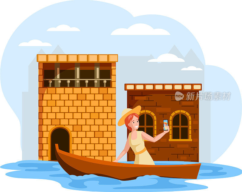 女游客在河上划船自拍，在有低矮砖房的老城区
