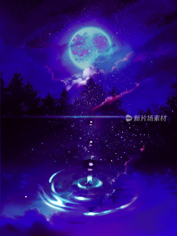 神秘的深森林夜景的梦幻背景插图，蓝色的满月和水滴落在湖上