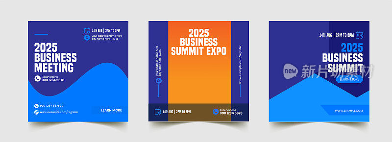 商务年度峰会活动会议社交媒体发帖模板。数字现代网页横幅设计与蓝色背景和抽象的黄色形状