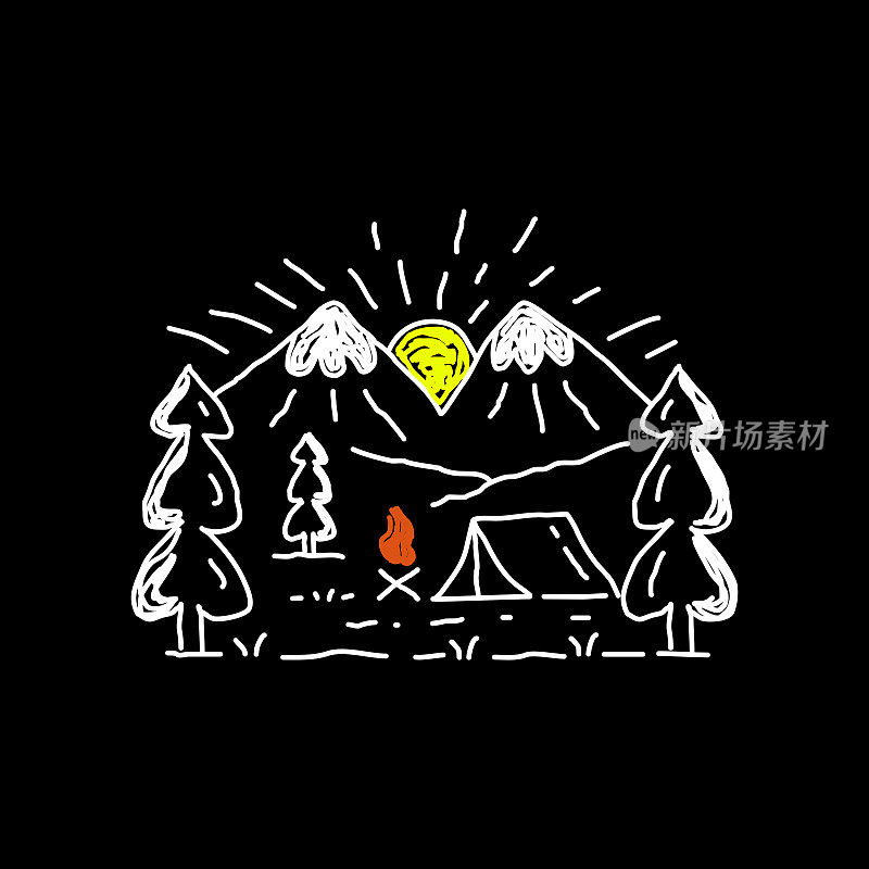 矢量设计的山树木，帐篷和篝火在手绘