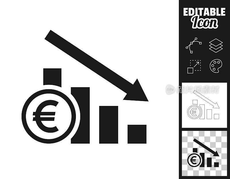 欧元汇率下跌图表。图标设计。轻松地编辑
