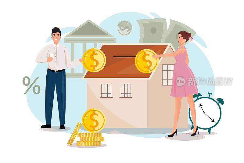 一个男人和一个女人的房子所有权概念说明。现代插画的男人和女人投资房地产。