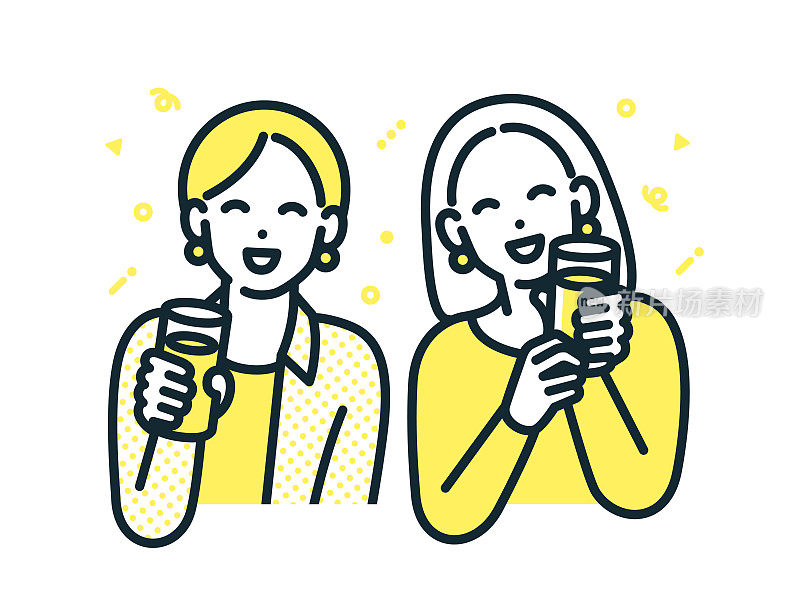 两人喝酒。插图材料，一个快乐的女人在微醺的情绪。