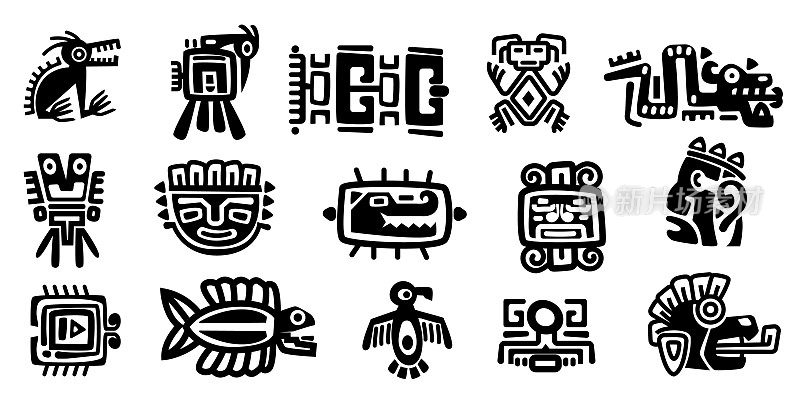 墨西哥神的象征。摘要阿兹特克兽鸟图腾偶像，古代印加玛雅文明原始传统符号。向量集合