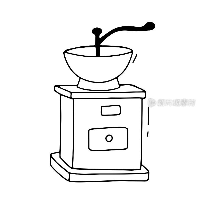 手绘手工咖啡研磨机。咖啡磨坊涂鸦插图孤立在白色
