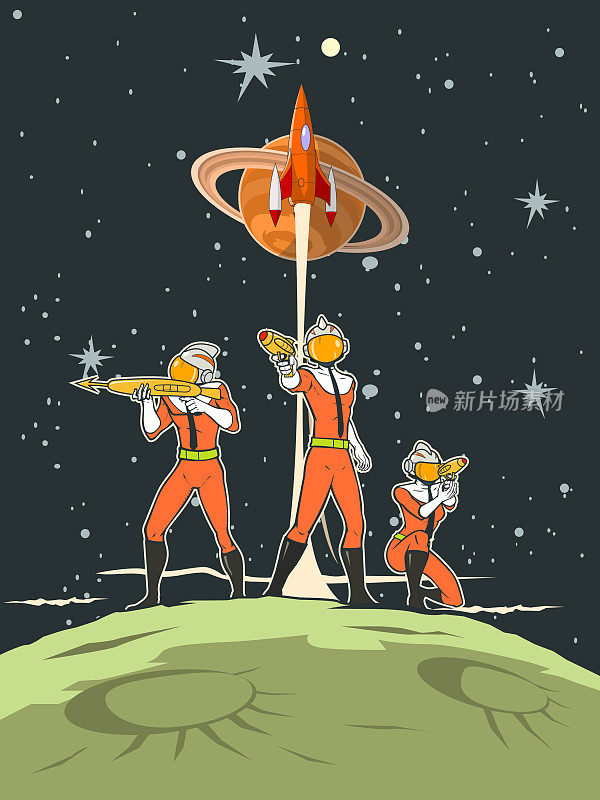 矢量三人复古未来空间宇航员士兵摆姿势与枪海报股票插图