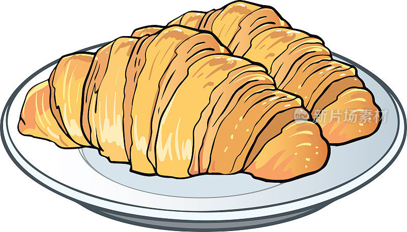 现实的法国牛角面包在陶瓷盘。为面包店、餐厅或咖啡馆设计的传统法式糕点。早餐美味的小吃