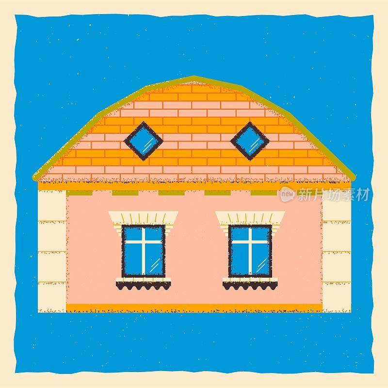 农村的房子。方形模板带房子，带窗户。方形模板在垃圾风格。矢量插图。