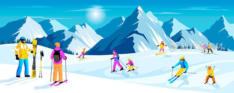 景观人滑雪，滑雪板在山区自然，度假村。阿尔卑斯山雪山斜坡上的滑雪者。户外冬季体育活动。滑雪者在雪地上骑行，孩子在滑雪。矢量图