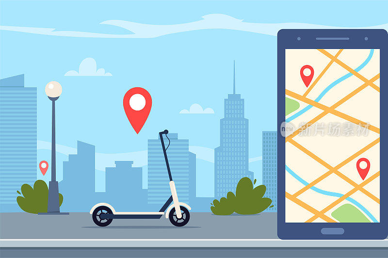 电动滑板车，智能手机与路线和城市地图上的红色大头针，城市景观背景。在线踢滑板车共享服务与智能手机应用。滑板车租赁。矢量概念插图。