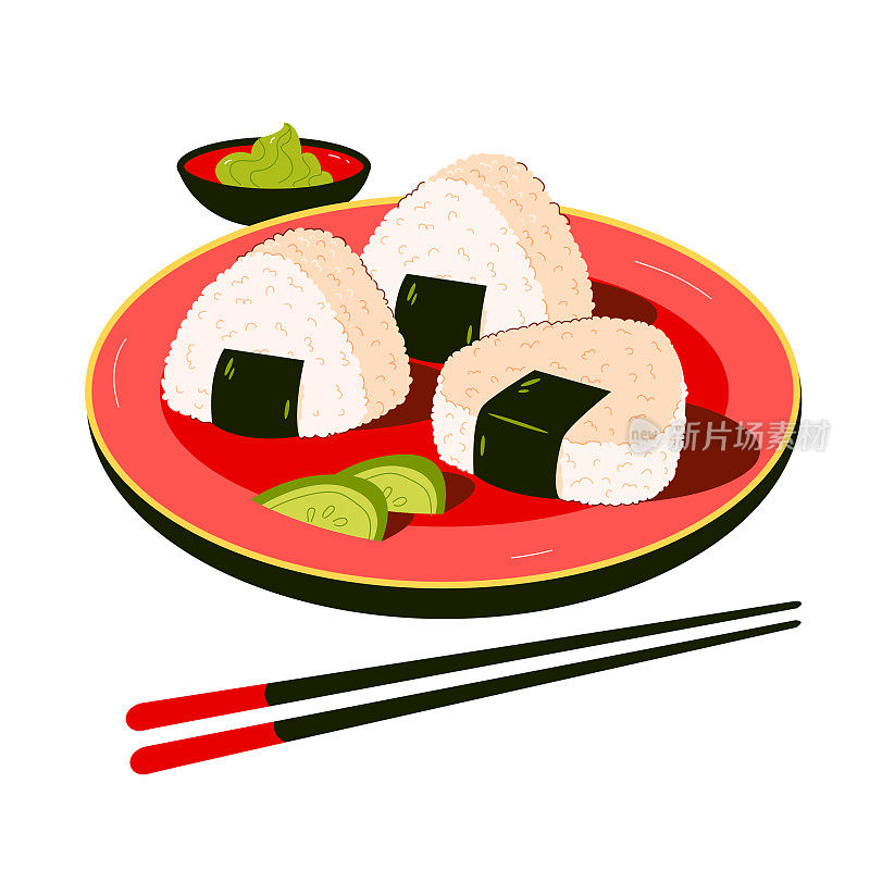 饭团，一种由米饭和海苔做成的日本料理。矢量图