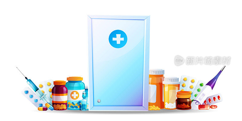 卡通风格的医疗和在线商务概念。白色背景上装有药品的医疗急救箱。