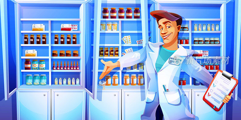 卡通风格的医疗和在线商务概念。年轻的药剂师在药房内部的背景上展示药丸和药物。