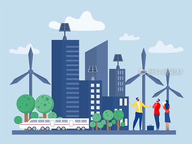 商人投资清洁和绿色城市能源。太阳能电池板和风车，省钱和自然ESG或生态问题的概念现代平面矢量插图