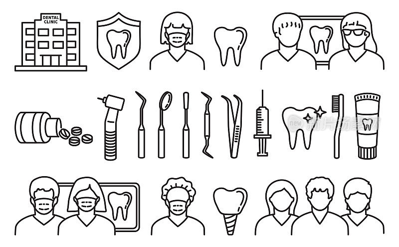 牙医。线路图标设置。医疗图标。